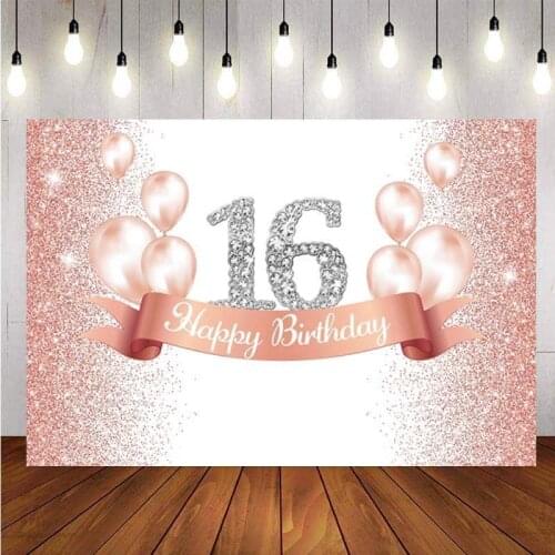 16th Backdrop Pink Balloon Rose Gold Glitter Lady Happy Birthday Party Photography Background Photo Studio Banner Decorations