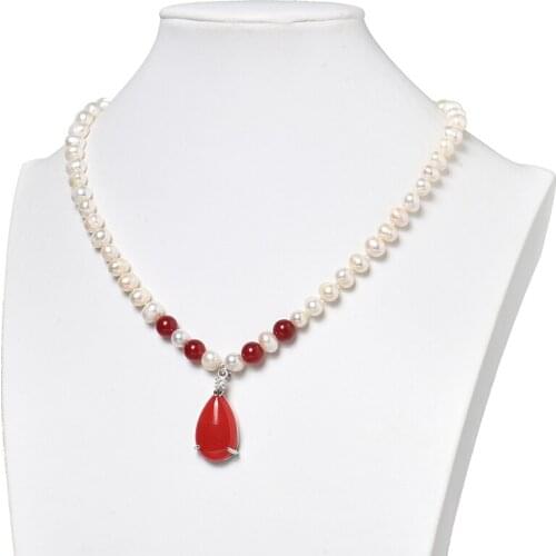 8-9mm freshwater Natural Pearls and Red Beads For Diy Necklace with Red Droplet 16*26*8mm Pendant jewelry Gifts 18inch H513