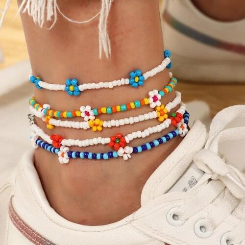 Handmade Colorful Rice Bead Foot Chain Ankle Bracelets Bohemian Beach Style Daisy Anklets for Women Barefoot Accessories