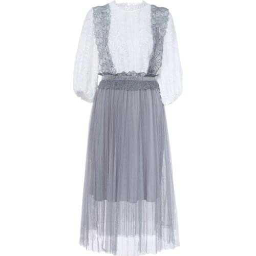 PERHAPS U Two Pieces O Neck 3/4 Puff Sleeve White Gray Tank Lace Mesh Maxi Long Dress Summer D0404
