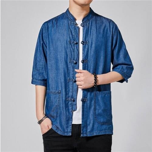 Men Chinese Style Zen Tea Denim Shirts Tang Suit Retro Casual Qipao Tops Kung Fu Blouse Coat Japanese Streetwear Jackets 30649