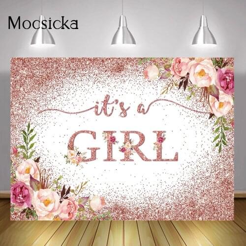 Its a Girl Baby Shower Backdrop Rose Gold Glitter Floral Newborn Gender Reveal Party Background Watercolor Flowers Shiny Dots