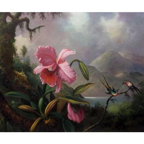 Dining Room Painting Flower Oil Painting Orchids and Hummingbirds, 1890 by Martin Johnson Heade Famous Wall Art Hand Painted