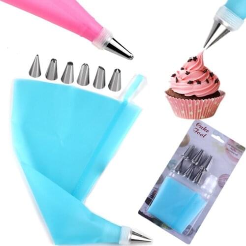 Silicone Icing Piping Cream Pastry Bag + DIY Cake Decorating Tips Fondant Pastry Tool 6 Stainless Steel Cake Nozzles 8PCS/bag