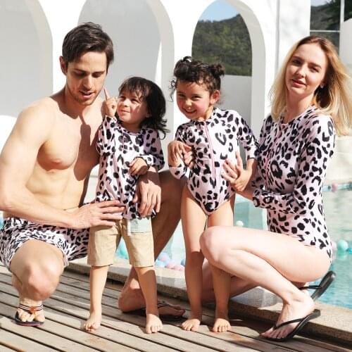 Leopard Swimsuit Family Matching Outfits Long Sleeve Mother Daughter Swimwear Mommy and Me Bikini Clothes Father Son Swim Shorts