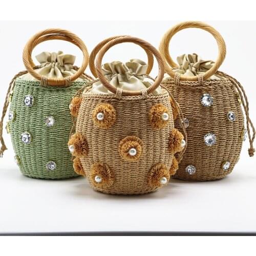 2021 Summer Beach New Style Hand-held Rhinestone Woven Straw Handbag Wooden Circle Handle Pearl Flower Handmade Bag