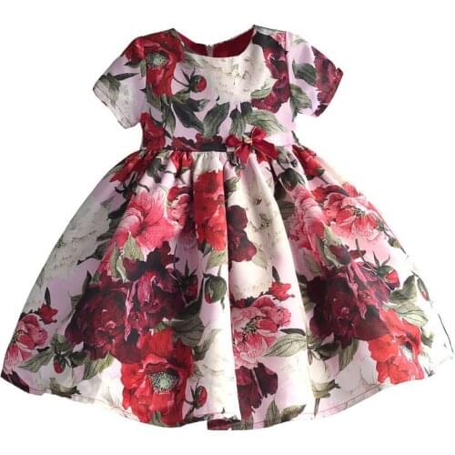 Fashion Floral Girls Party Dress Red Cotton Kids Children Dresses with Sleeve Golden Crown Bow Girl Clothing for Party Wedding