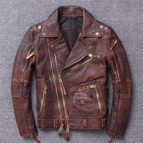 Genuine Leather Mens Motorcycle Leather Jackets Mens Oblique Zipper Moto Leather Jacket Cowhide Coat