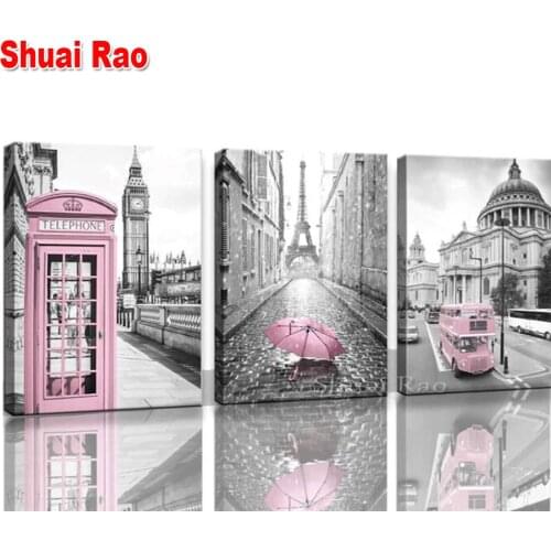 3 Piece Pink Theme Bus and Umbrella City Diamond embroidery Diamond Painting Mosaic Triptych 5d Picture Landscape Art Decor Home