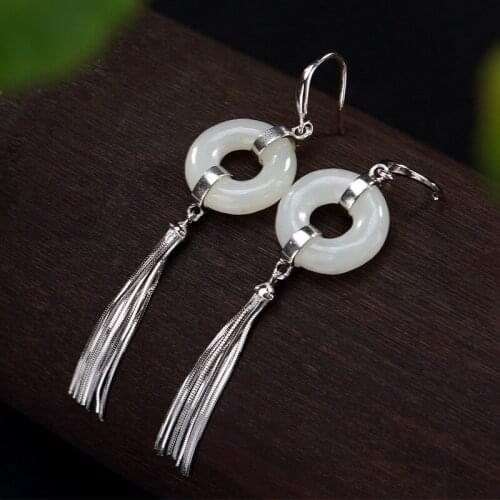 Natural 925 sterling silver inlaid hetian jade safety button tassel retro earrings jewelry simple individuality for women