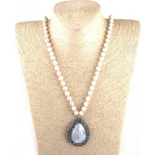 Fashion 8mm Beige Stone Long Knotted Handmade Crystal Paved Pearl Shell Drop Pendant Necklaces Women Ethnic Necklace