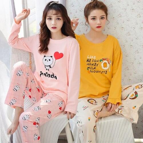 2020 Spring 100% Cotton Long Sleeve Pajama Sets for Women Cute Cartoon Sleepwear Suit Pyjamas Pijama Mujer Homewear Home Clothes