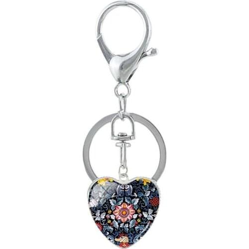 JOINBEAUTY Polish Folk Art Picture Heart Shape Charms Keychain Flower Pattern Glass Dome Key Bag Pendant Keychain Jewelry FL52