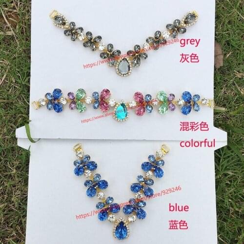 Blue flower acryl stone gold applique for shoes ornaments grey tear-drop rhinestone trims for dress clothing collar decoration