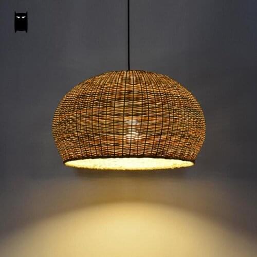 Hand-woven Bamboo Wicker Rattan Round Cage Shade Pendant Light Fixture Rustic Aisan Japanese Suspension Ceiling Lamp Restaurant