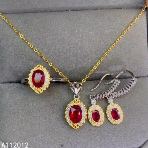 KJJEAXCMY fine jewelry natural ruby 925 sterling silver fashion girl gemstone pendant necklace earrings ring set support test