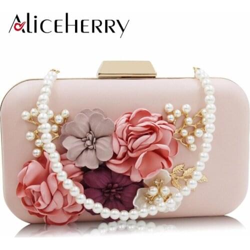 Ladies Elegant Pearl Chain Flower Evening Bag Party Clutch Womens Handbag Wedding Party Box Purse for Girls Blue White Pink
