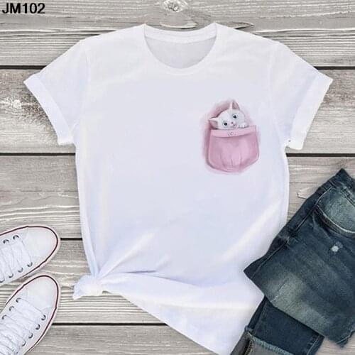 Summer New Women Tshirt Funny Pocket Animal Print Female Clothing T-shirt Harajuku Short Sleeve Fashion Streetwear White Top Tee