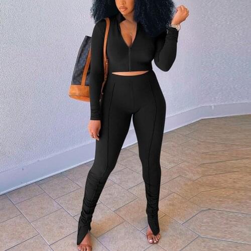 Women Jumpsuit Long Sleeve Zipper Front Cut Out Solid V-Neck Trousers Slim Fit Overalls Jumpsuit