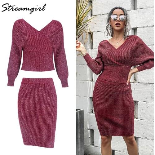 Dress Sets Knitted Two Piece Set Women Skirt Autumn Bat Sleeve Big V Neck Sweater With Skirts Elegant Dress Suits For Ladies