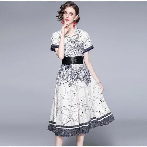 Menahem 2021 Summer Runway Shirt Dress Women Short Sleeve Turn Down Collar Button Down Vintage Pattern Print PU Belt Midi Dress