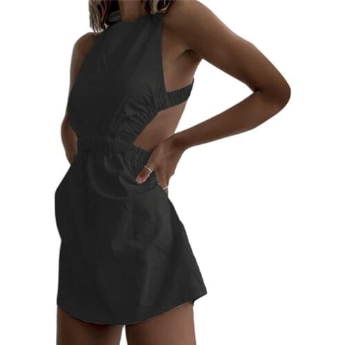 Stylish Women Dress Halter Cross Bandage Summer Solid Color Sleeveless Elastic Waist Dress Comfortable to wear for Party