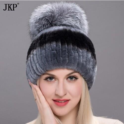 Winter rex rabbit fur hat for women with fox fur pompoms knitted top hats fur hats brand new causal caps good quality THY17-08
