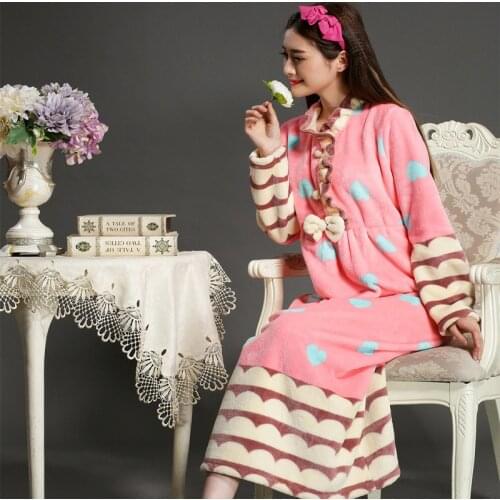 Winter Warm Flannel Feminine Lady Sleepwear Button-Down Long Double-Faced Velvet Nightdress Romantic Luxury Nightgown Homewear