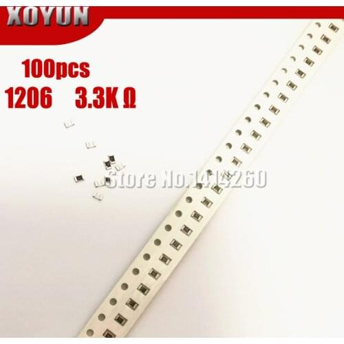 100PCS 1206 SMD Resistor 1% 3.3K ohm chip resistor 0.25W 1/4W 3K3 332
