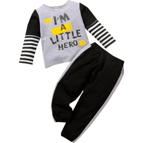2021Toddle Baby Clothes Boys Casual 2PC Clothes Set, Letters and Stripe Printed Pattern Pullover and Trousers, Black/ Grey