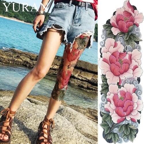 Watercolor Lotus Flower Temporary Tattoo Stickers Leaves Women Full Leg Fake Tatto Girl Party Body Art Drawing Flash Tattoo Long