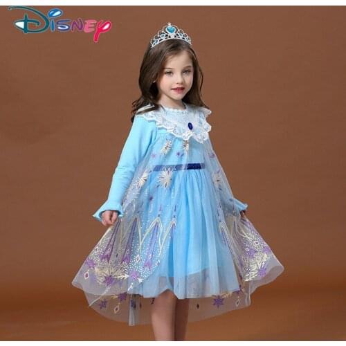 Disney Kids Dress For Girl Clothes Summer Spring New Long-sleeved Elsa Princess Net Yarn Frozen Lace Print Children Dress