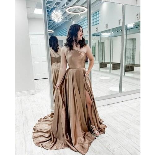 Long Satin One Shoulder Prom Dresses with Pockets A-Line Side Slit Slanted Beaded Back Robes De Mariée Party Gown For Women