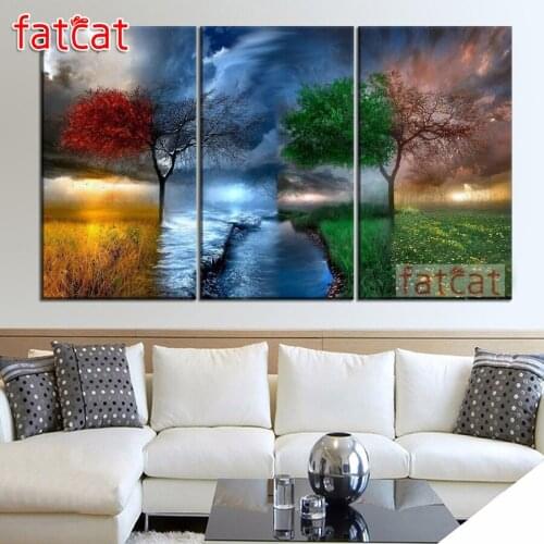 FATCAT Four seasons scenery Large triptych 5D Diy Diamond Painting full mosaic diamond Embroidery Sale home decoration AE2652