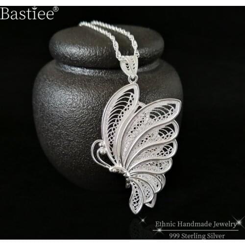 Bastiee Butterfly 999 Sterling Silver Chakra Pendant For Women Accessories Vintage Big Pendants Handmade Luxury Jewelry Ethnic