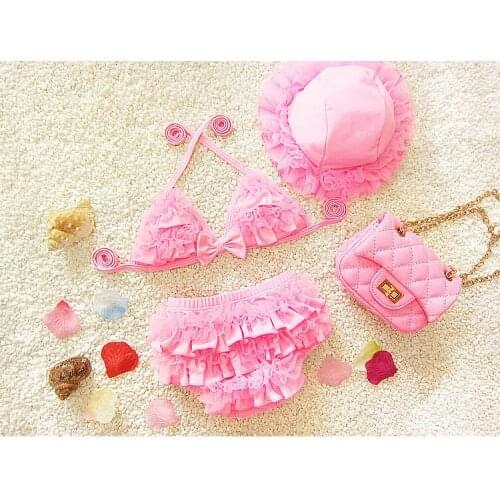 Baby Kids Girls Bikini Three Piece Swimming Suit Split Top + Pants + Hat Swimwear Summer Beach Wear Children Swimsuit SA4000