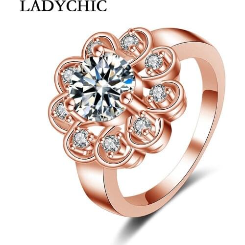 LADYCHIC New Arrival Pretty Flower Shape Rose Gold Color Rings 1.25 Carat Clear Zircon Romantic Women Ring Gift Wholesale LR1057