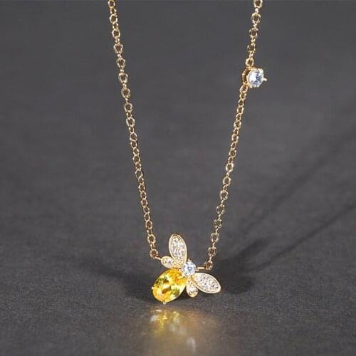 Hot Sale Bee Insect Pendant Necklace For Women Gift Champagne Zircon Gold Color Chain Necklace Party Engagement Choker Bijoux