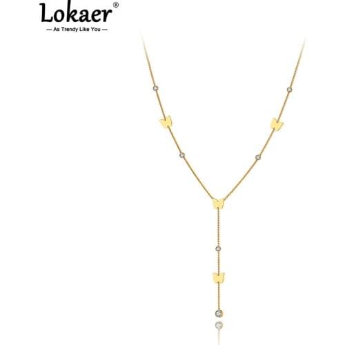 Lokaer Goth Stainless Steel CZ Crystal Butterfly & Heart Charm Pendant Necklace Bohemia Chain Necklace For Women Girls N21105