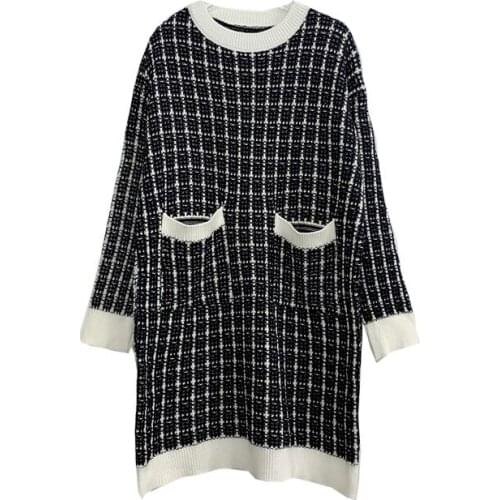Fashion Womens Mid-length Sweater Pullover Round Neck Elegant Plaid Loose Knitted Jacket Sweater 2021 Autumn Winter New