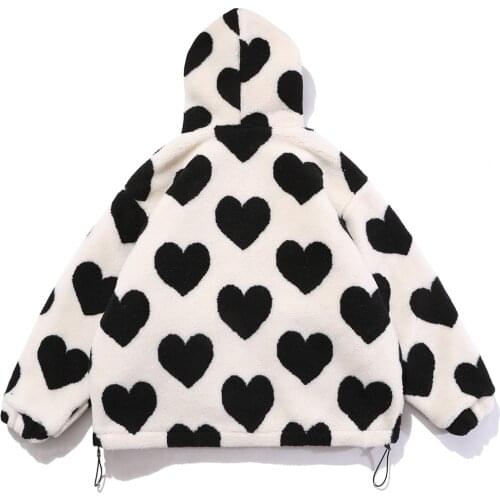 Cute Heart-shaped Print Lambswool Winter Jacket Men Drawstring Pockets Zipper Hooded High Street Warm Couple Streetwear