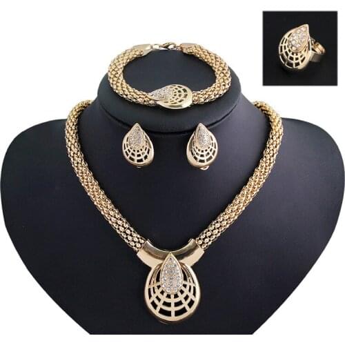 Hot New Women Fashion Jewelry Sets vintage Geometric Rhinestone Necklaces Earrings Bracelet adjustable ring female wedding Gift