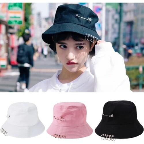 Solid Color iron pin rings personality Bucket Hat unisex women men cotton sun shade fishermen basin caps factory sells directly
