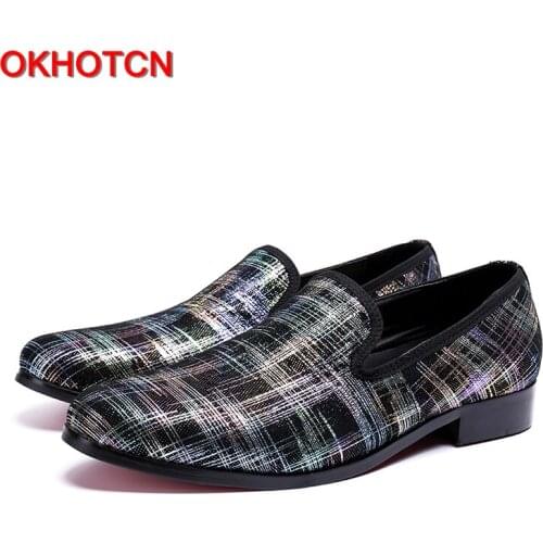 OKHOTCN Fashion gingham Men Loafers genuine leather Casual Shoes party Wedding Dress Mens Flats daily comfortable leisure shoes