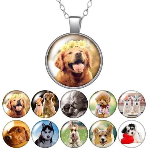 Love Dog Pet lovely Dogs Round Pendant Necklace 25mm Glass Cabochon Silver plated Jewelry Women Party Birthday Gift 50cm