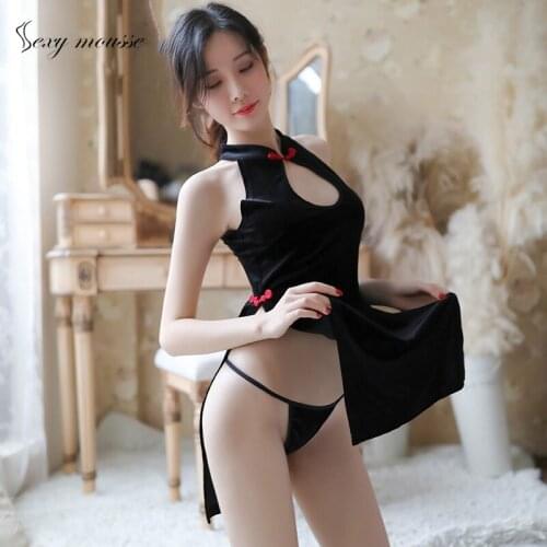 Sexy mousse Underwear velvet retro cheongsam back straps corset sexy hollow uniform temptation female woman pajamas sleepwear