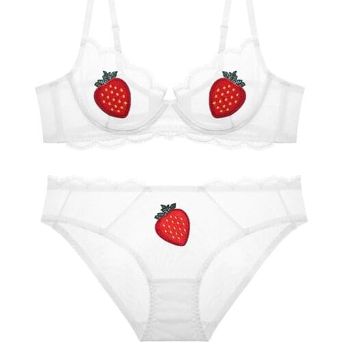 Female net yarn lace embroidery thin section Ms. Sexy underwear bra ultra-thin transparent strawberry fruit underwear suits