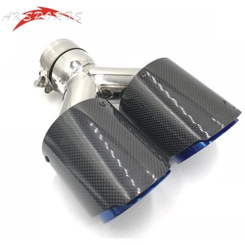 1PC Glossy Carbon Stainless Steel Universal Dual Equal Length Exhaust Pipe blue End tail tip For Honda Civic With A Logo