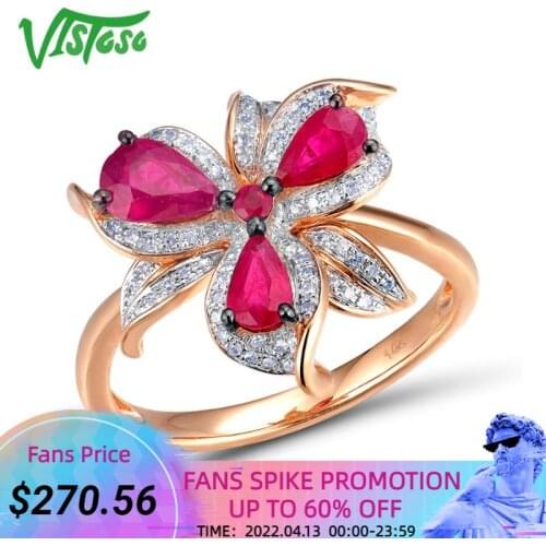 VISTOSO 14K 585 Rose Gold Ring For Women Genuine Sparkling Diamond Fancy Ruby Engagement Anniversary Unique Elegant Fine Jewelry