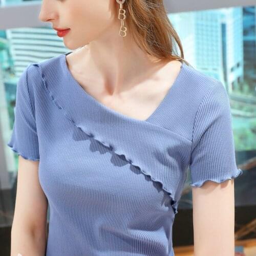 2021 New Summer High-end Modal T-shirt Women Short-sleeved V-neck Top with Wooden Ears for Women